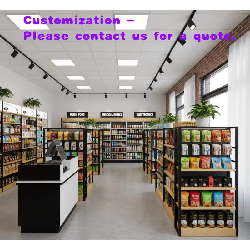 custom.Double-Sided Heavy Duty Supermarket Wooden & Metallic Retail Shelving Display Cabinets Convenience Store Rack Furniture