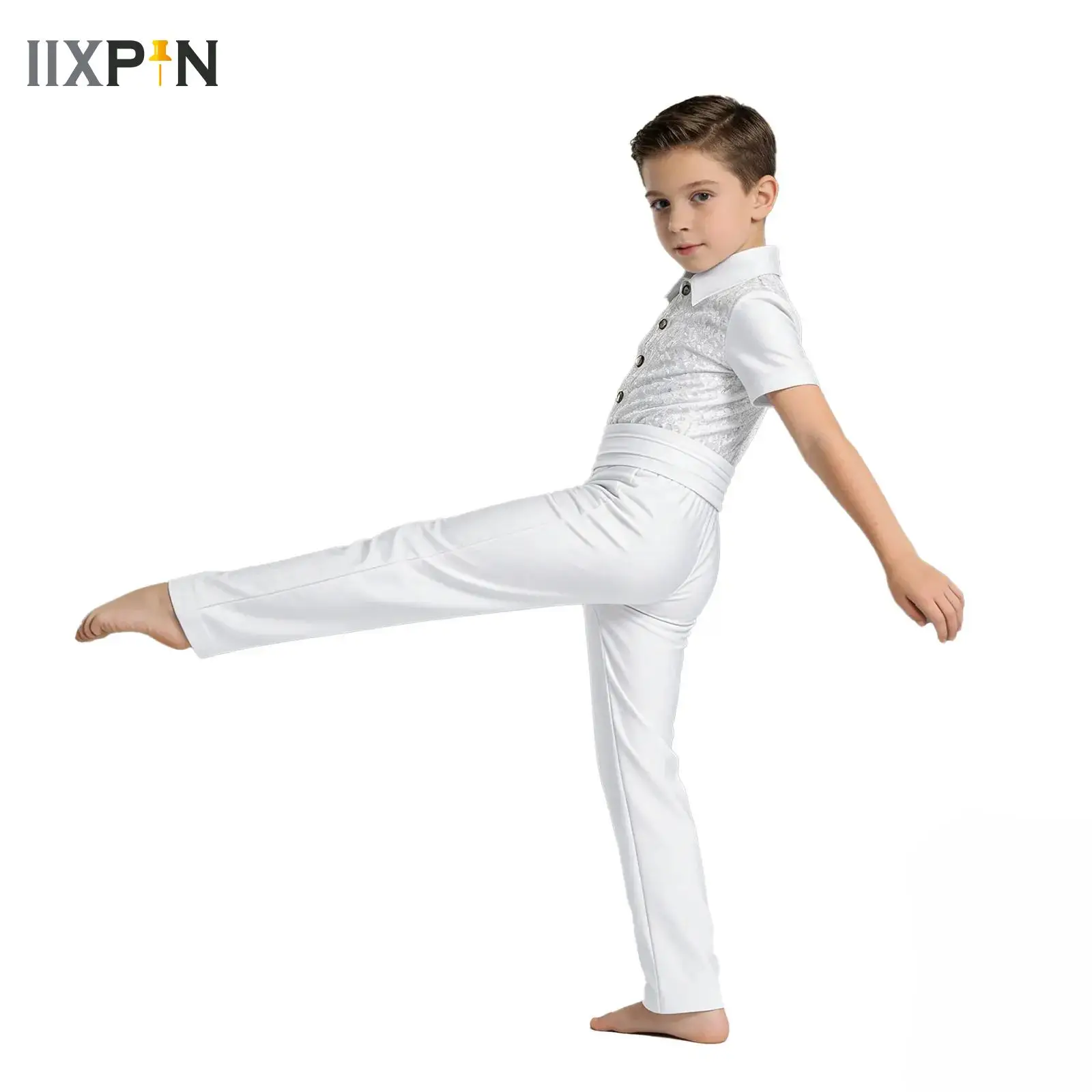 

Kids Latin Dance Long Pants Leotard for Boys Short Sleeve Glittery Sequins Rhythmic Gymnastics Jumpsuits Children Figure Skating