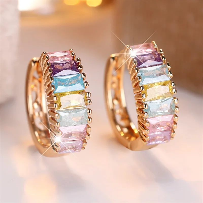 Multicolor Ice Flower Cubic Zirconia Square Stone Hoop Earrings for Women Vintage Golden Color Ear Buckle Wedding Jewelry Gifts