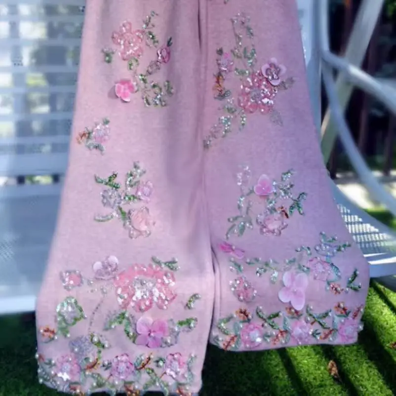 

Толстые флисовые брюки, расклешенные длинные брюки для тяжелой промышленности, женские брюки, зима-осень, милые розовые брюки, женская одежда