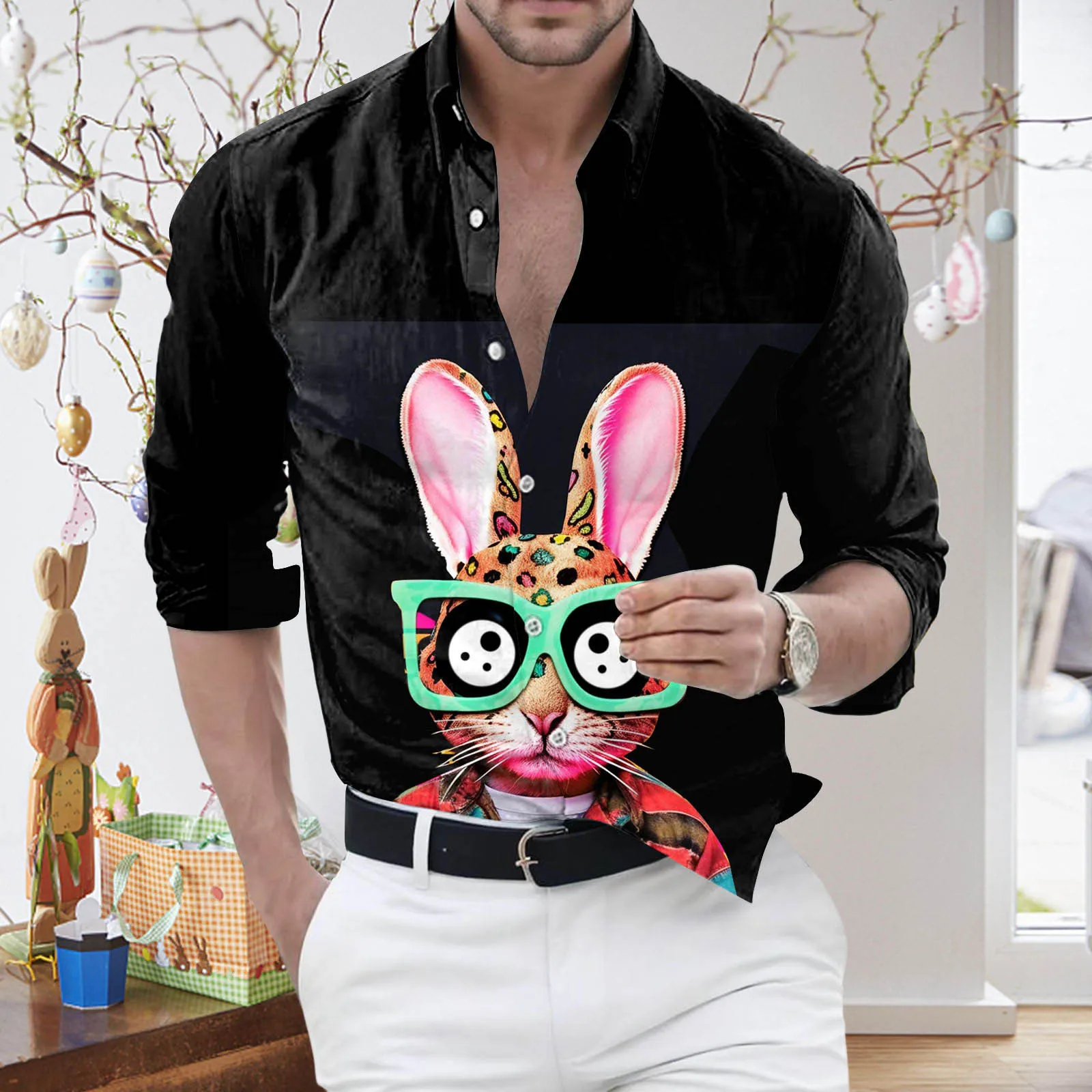 Men Easter Rabbit Printed Shirts Lapel Collar Bunny Graphic Long Sleeved Shirt Casual Male Blouse Top Clothes