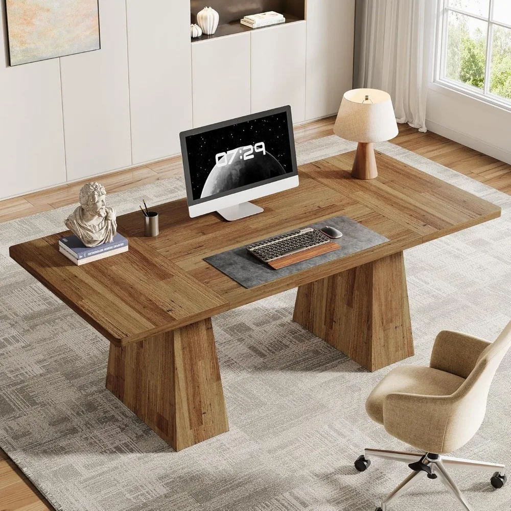 63-Inch Executive Desk, Modern Office Computer Desk with Sturdy Double Pedestal, Large Study Writing Table Simple Wor