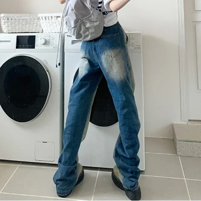 Imagem -03 - Calças Jeans de Perna Larga para Mulheres Cor Gradiente Azul Gyaru Alta Jeans Retos Moda Coreana Anos 2000 Y2k 2023 Xxl z