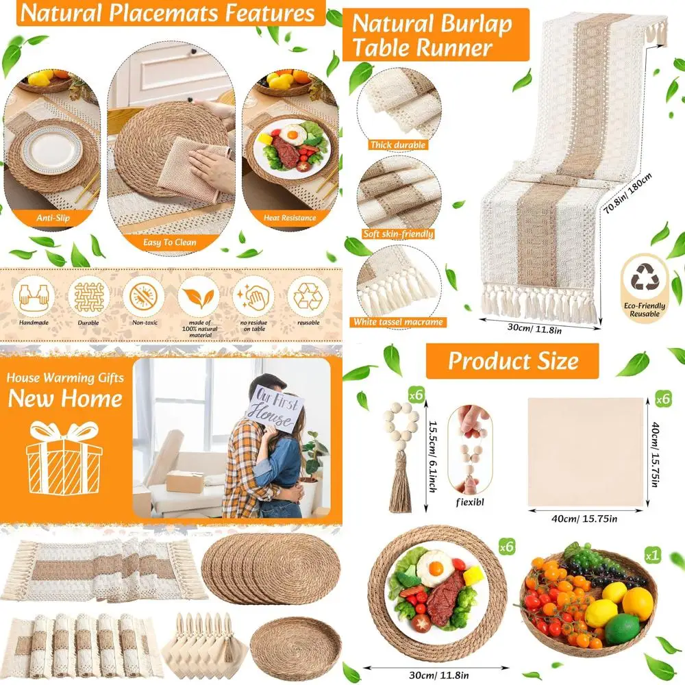 

Natural Burlap Cotton Boho Placemats Set: Round Woven, Rectangular, Wooden Bead Rings, Cloth Napkins, Table Runner & Basket for