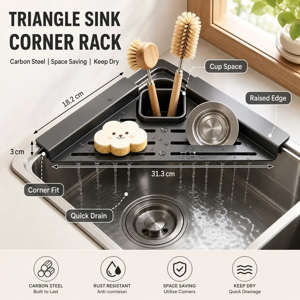 Carbon Steel Sink Corner Rack with Draining Cup Quick Water Drainage ...