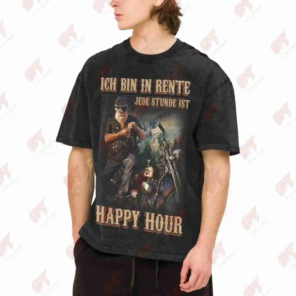 Ich Bin In Rente Happy Hour Motorcycle Vintage Washed Tee Pure Cotton T-Shirt