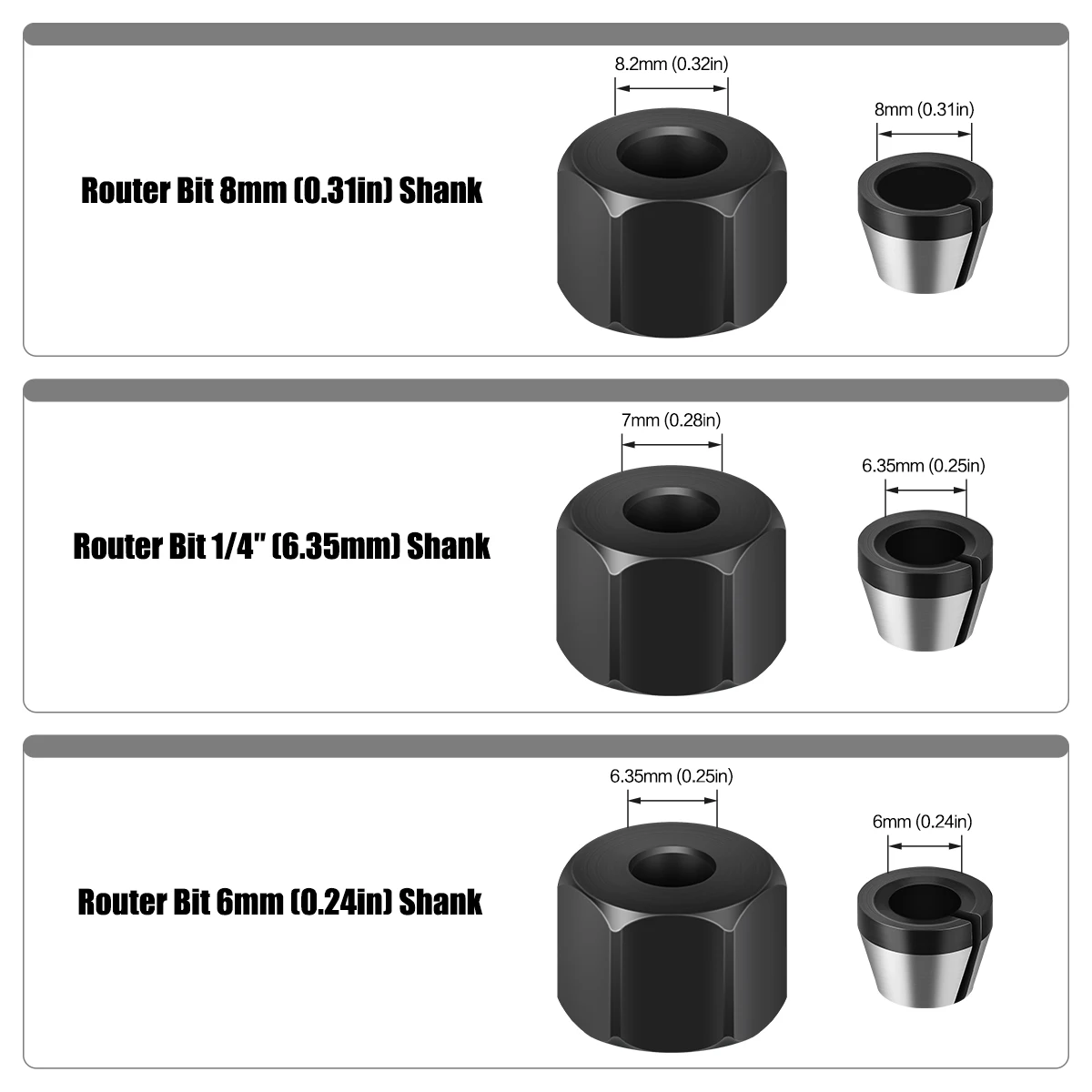 Mandril de pinza de 6mm, y 8mm con tuerca 6,35mm, máquina de corte de grabado, adaptador de broca de enrutador eléctrico, accesorios de cortador de