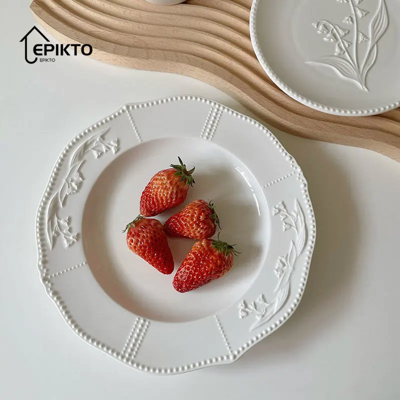 

Embossed Cake Plate Ceramic Dish, French Dinner Trays, Snack Dessert Breakfast Home Set