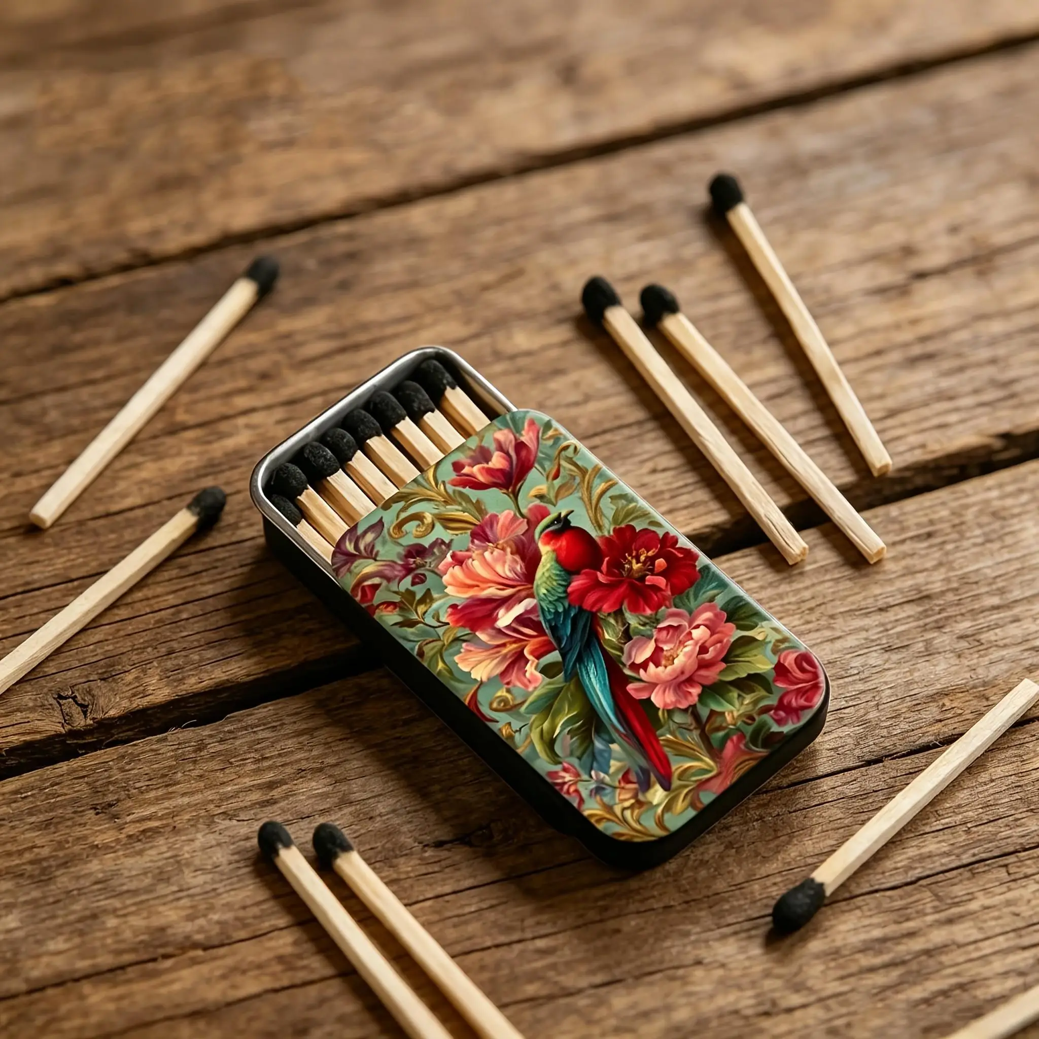 Vintage Oil Painting Parrot Floral Metal Match Tin, Slide Top Empty Match Box, Decorative Candle Match Holder