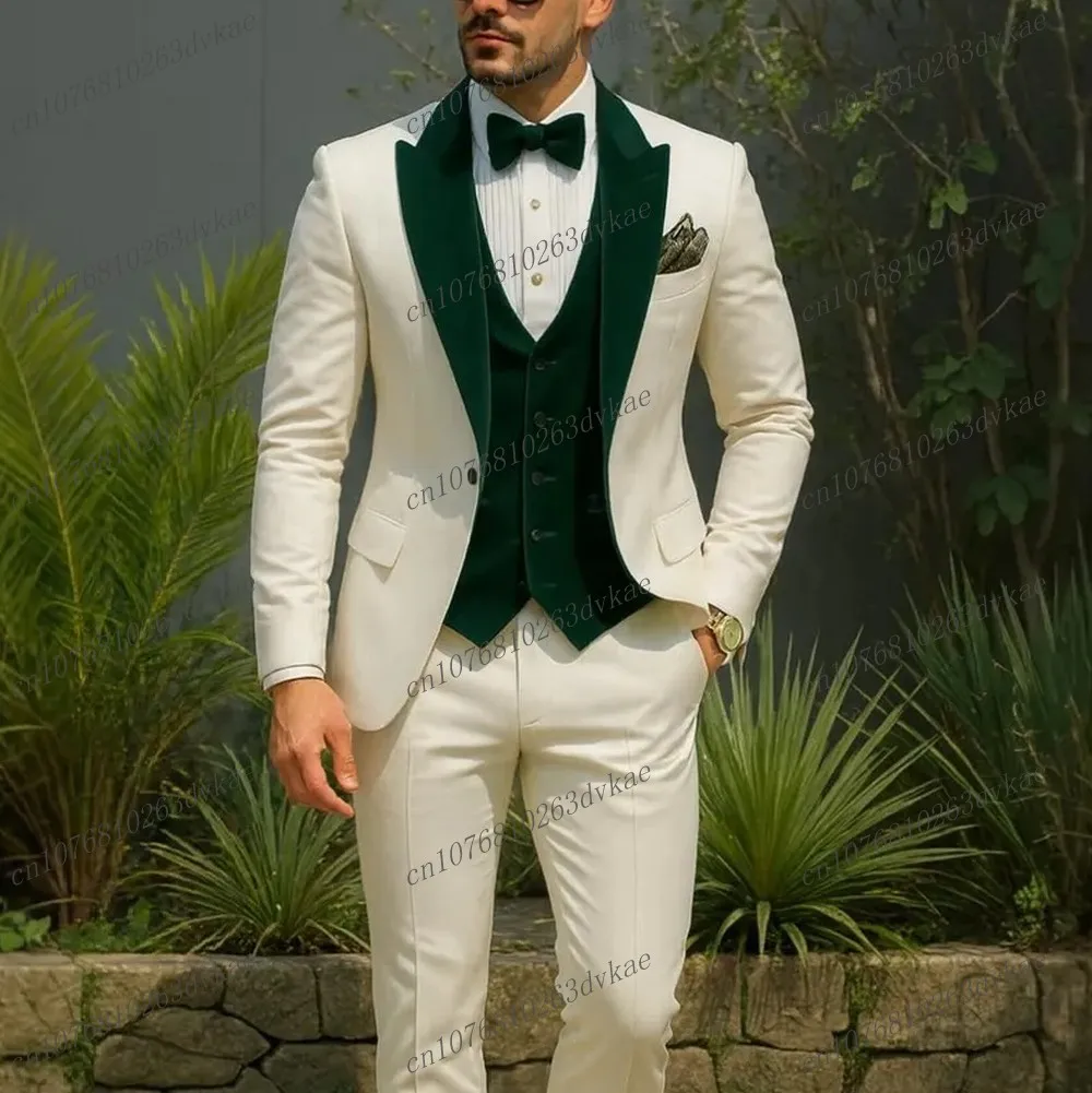 

Мужской костюм цвета слоновой кости и темно-зеленого цвета, свадебная вечеринка, формальный жених, жених, выпускной, деловой мужской смокинг, комплект из 3 предметов, куртка, жилет, брюки