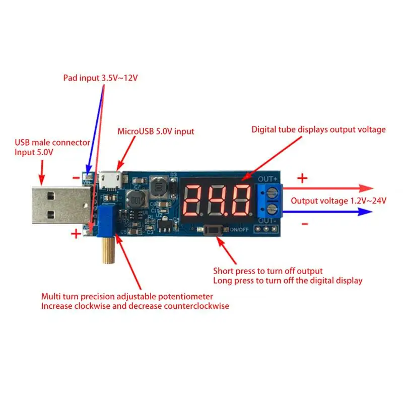 Modulo di alimentazione step up/down USB Convertitore boost DC-DC da 5 V a DC1.2V-24V Uscita regolabile