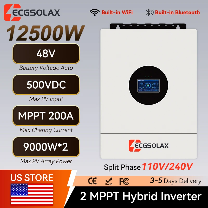 ECGSOLAX 12.5KW Hybrid Solar Inverter 48V 110/240V Split Phase Inverter With MPPT 200ACharger Max PV 500VDC Max Parallel 6 Units