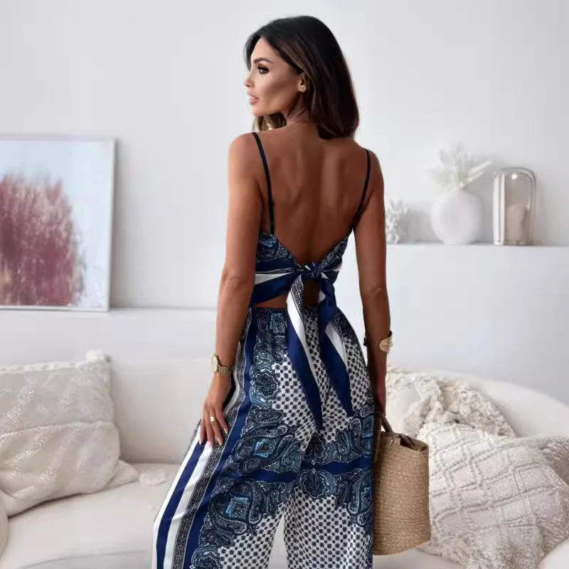 Summer Fashion Satin Print Two Piece Set Women Casual Sling Lace Up Top Wide Leg Pants Two Piece Set Women