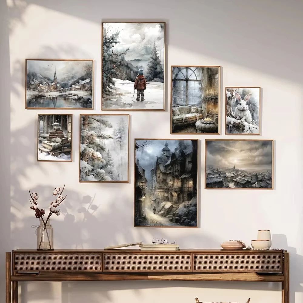 Vintage Winter Street Scenery Art Aesthetic Posters Print Christmas Holiday Decor Canvas Painting Living Room Home Cuadros Gifts