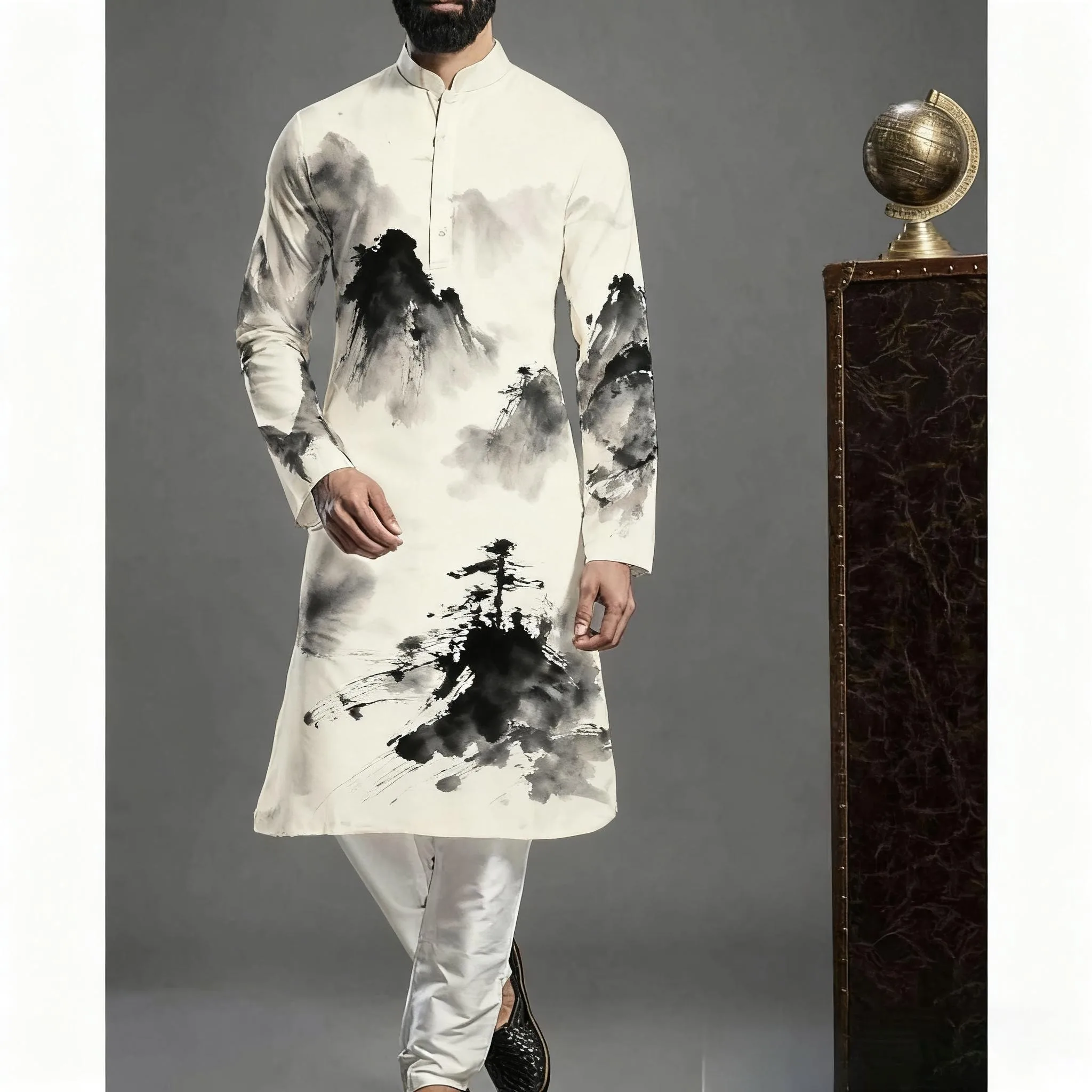 قميص كورتة إسلامية ملابس رجالية قفطان شعبي Musulman Kurta ملابس إسلامية هندية قمصان مطبوعة بأكمام طويلة