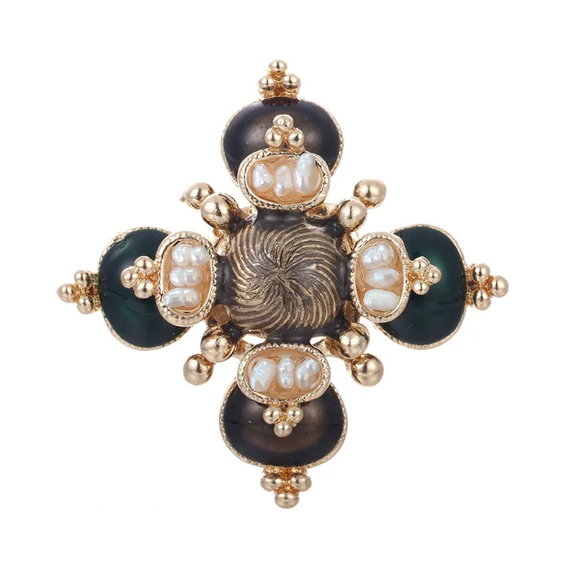 Women Palace Baroque Pearl Enamel Cross Brooches Pins Creative Vintage Suit Coat Jewelry Wedding Party Retro Brooch Pin For Lady
