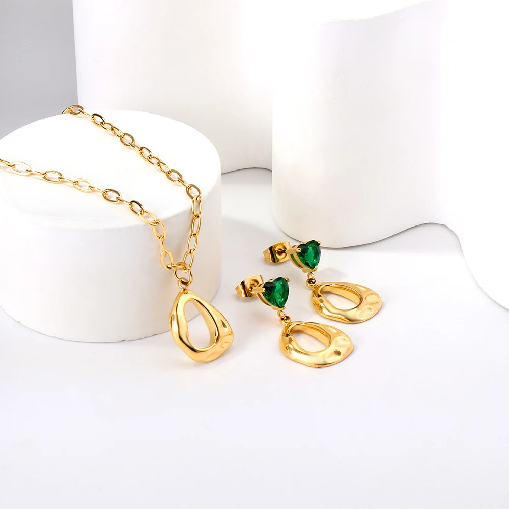 LUXUSTEEL Vintage Necklace Earrings Jewelry Sets For Women Ladies Stainless Steel Geometric Irregular Green Crystal Heart Studs