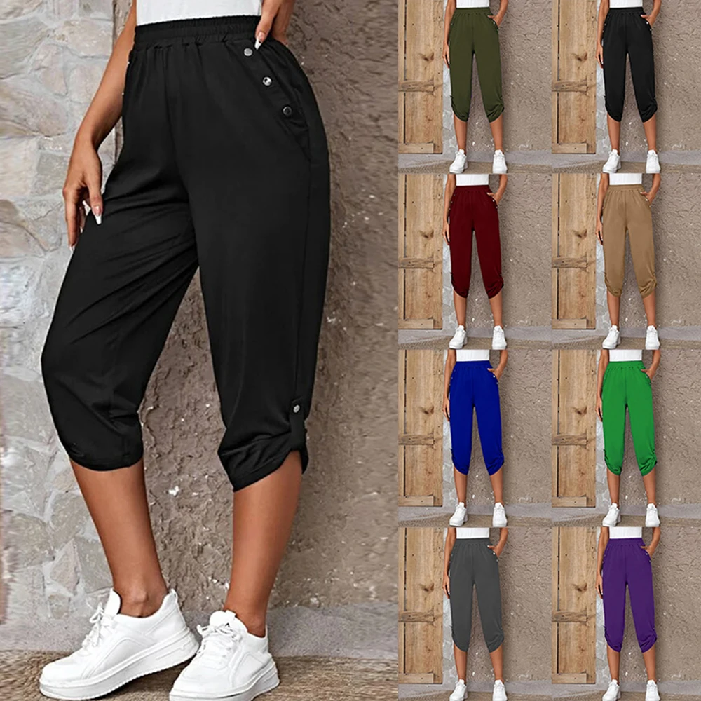 Women Elastic Waist Pants Summer Solid Color Casual Trousers Bottom Elegant Fashion Office Lady Loose Cropped Pants S-3XL