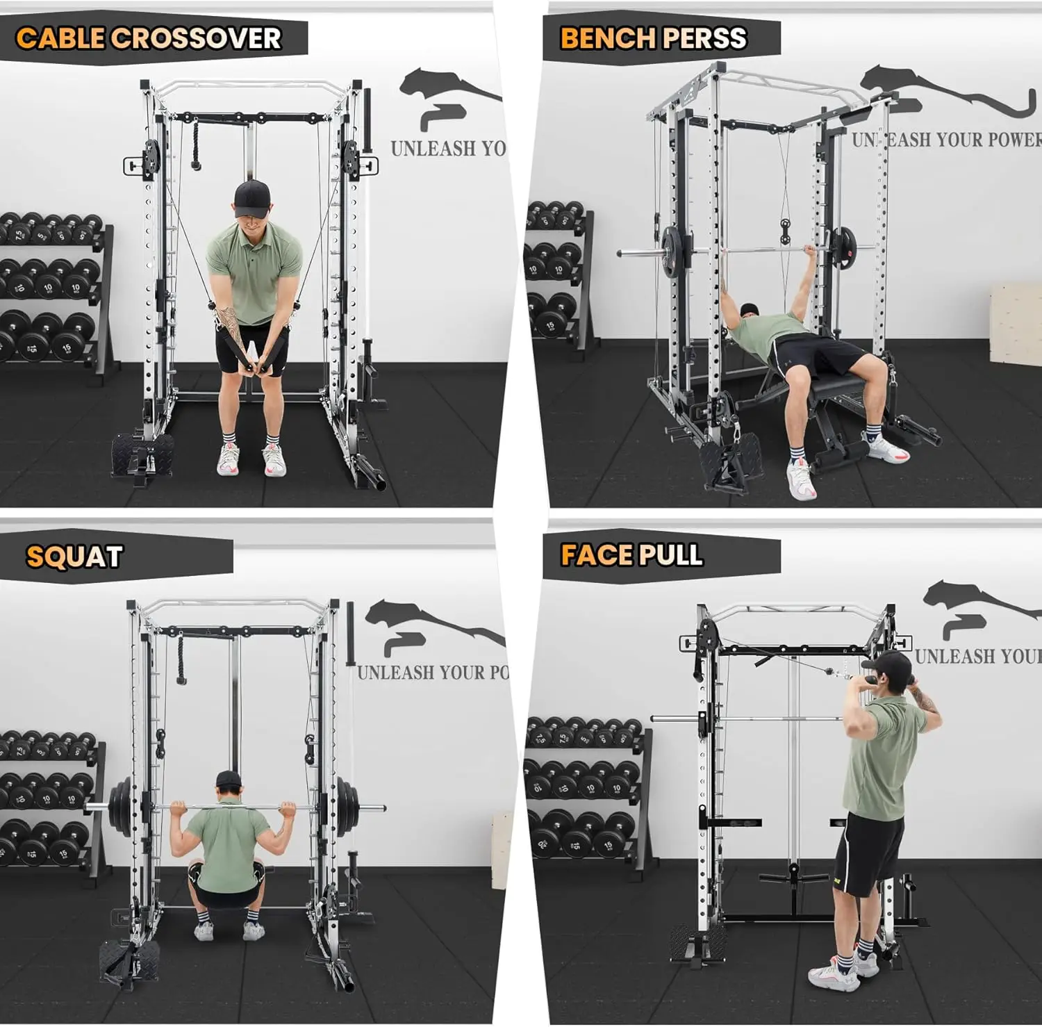 with SmithBar, 2000 Lbs Power Rack with Cable Cross-Over System, Multi-Functional Strength Training Squat Rack with LAT Pull Dow