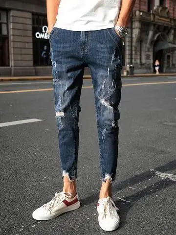 

Весенние мужские облегающие джинсы, корейские модные прямые брюки из девяти предметов, модные брюки на молнии со средней талией