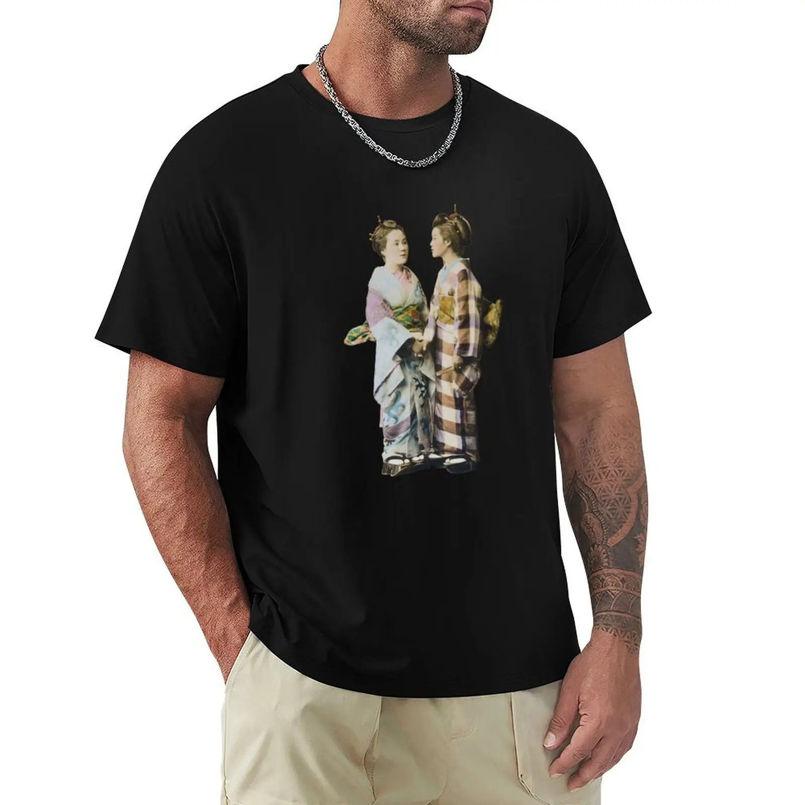 Two Japanese Women Wearing Kimonos - Circa 1877 Photochrom T-Shirt anime mens cotton t shirts