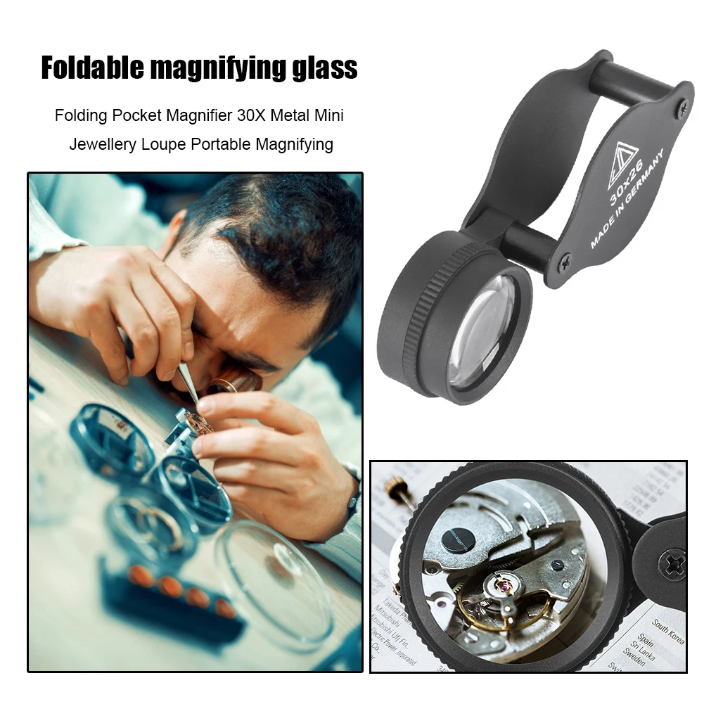 Lightweight Folding Pocket Magnifier 30X Metal Mini Jewllery Loupe Portable Magnifying Glass for Jewelry Appreciation