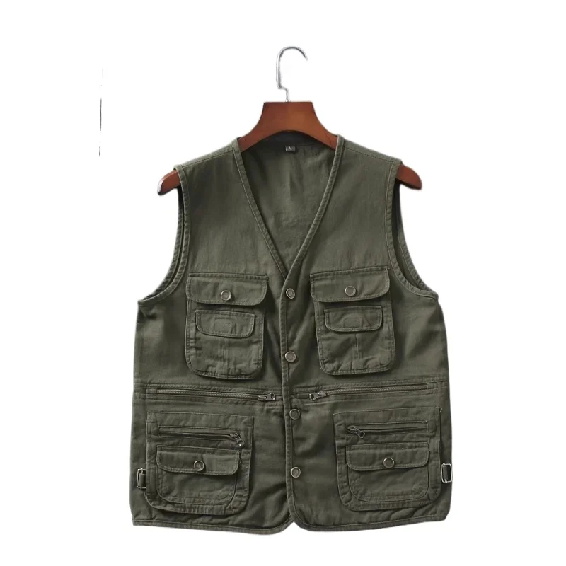 Spring and autumn men's American vintage tooling vest high quality cotton multi-function multi-pocket vest size 4XL