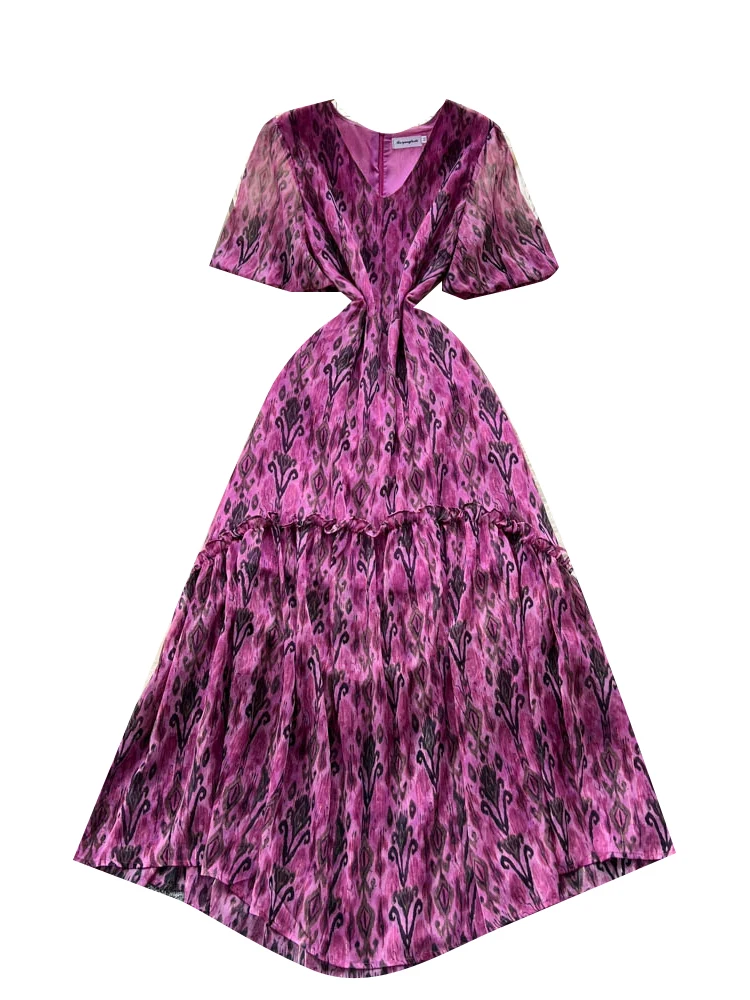 فستان أنيق بياقة على شكل V وأكمام قصيرة مع نقشة زهور للنساء، فستان صيفي طويل بخصر ضيق وتنورة متوسطة الطول من البوليستر بتصميم... #5