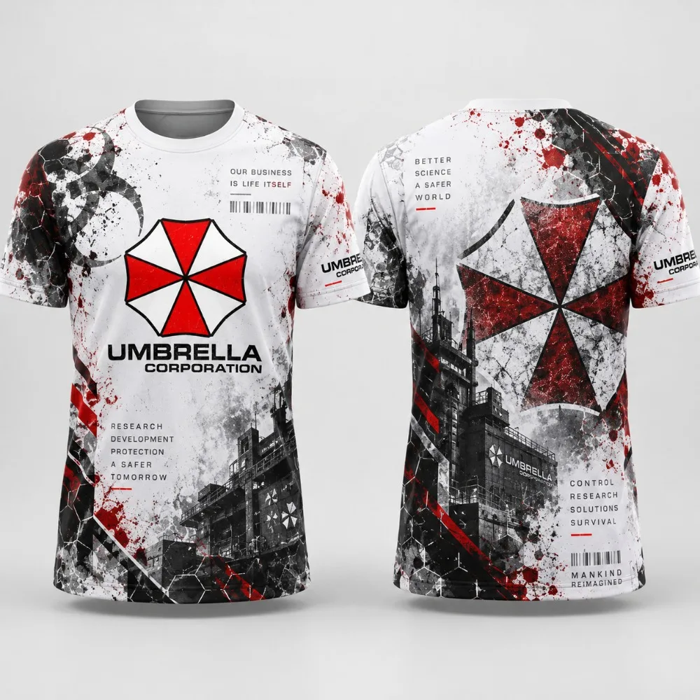 Red and White Protective Umbrellas Paired with Men's and Women's Casual Breathable Lightweight Sports Fashion T-shirts
