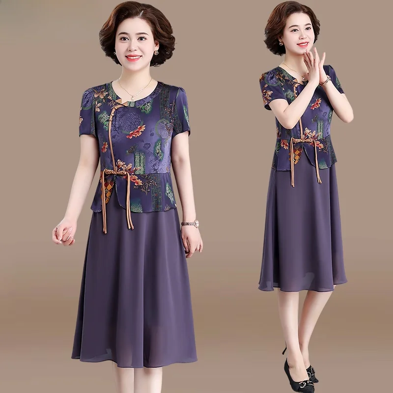 

Ele Long Qipao Dr for Middle-Aged Mothers Summer Faionable Chinese Sle Reformed Midi Dr Polka Dot
