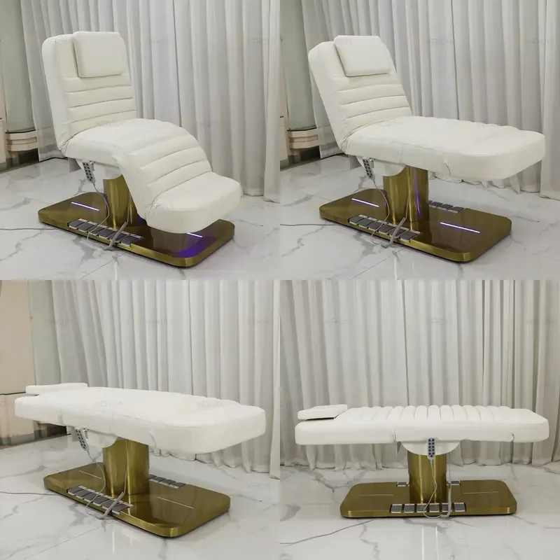 Luxurious Gold Base Foot Control Beauty Salon Cosmetic Facial Bed Modern 3 Motors Electric Adjustable Massage Table for All