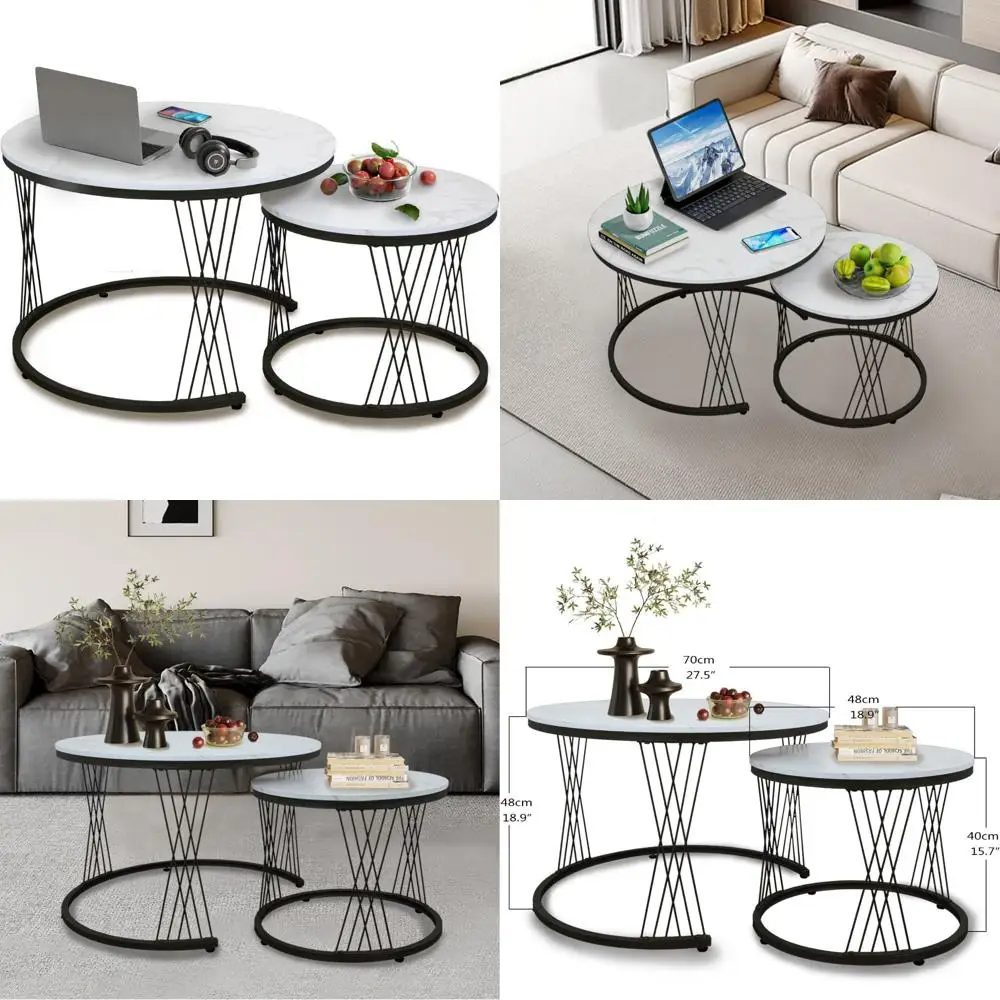 

at-valy 27,5-дюймовый круглый журнальный столик, набор из 2 шт., столешница из МДФ с белым мрамором и золотыми металлическими ножками, современные торцевые столики