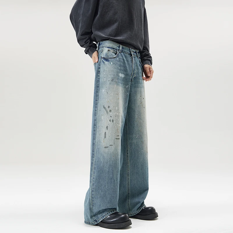 Men's Fashion Paint Spots Baggy Straight Jeans Vintage Ice Blue Denim Pants High Street Hip Hop Trousers Mens Designer Clothes