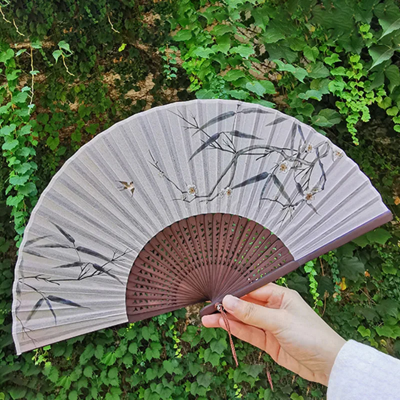 Éventail en bambou à motif floral de style chinois avec pompon, ventilateur indépendant, performance de fête de mariage, artisanat de décoration intérieure