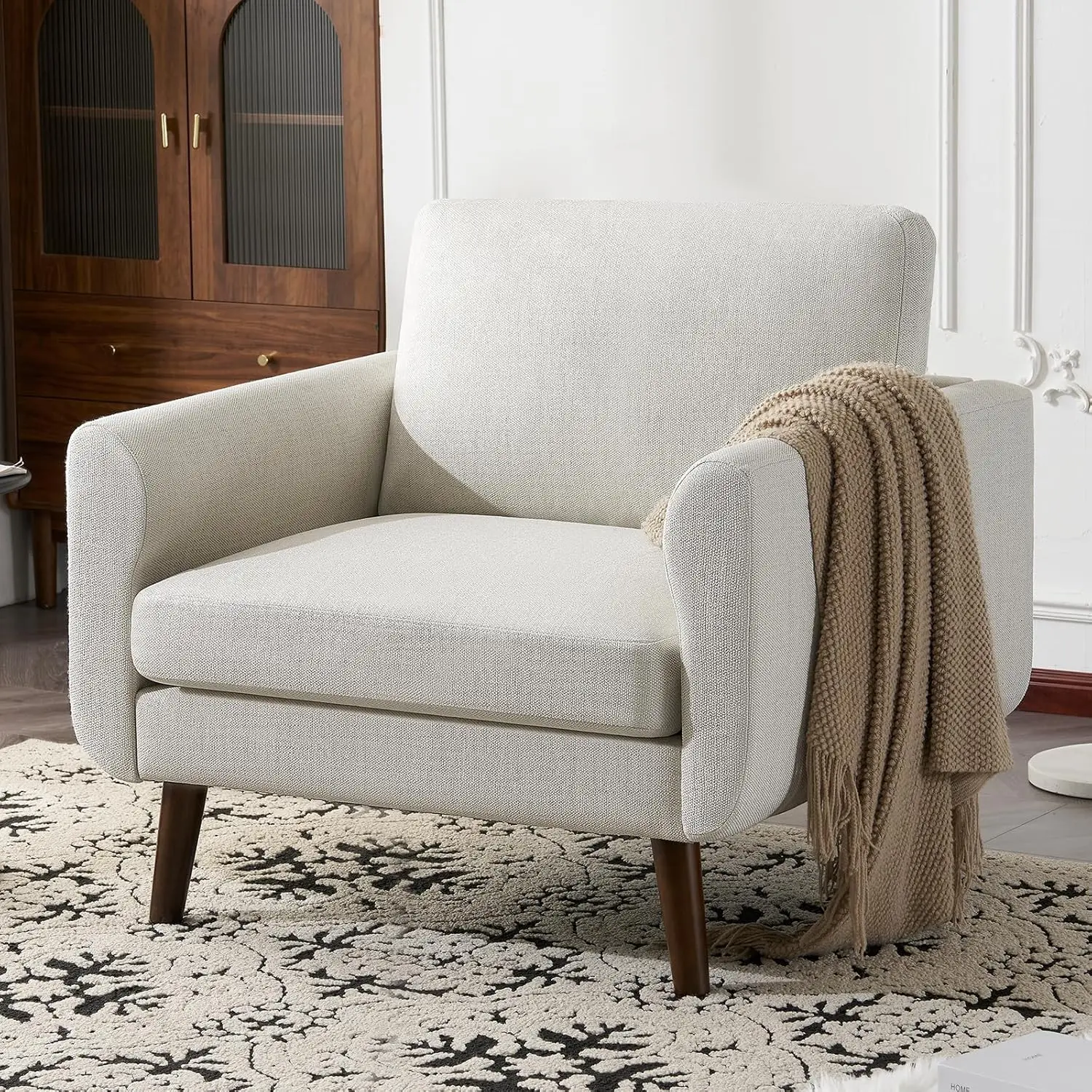 Oversized Mid Century Modern Armchair, Soft Linen Fabric Upholstered Accent Chair for Living Room Bedroom, Single Seat, Customiz