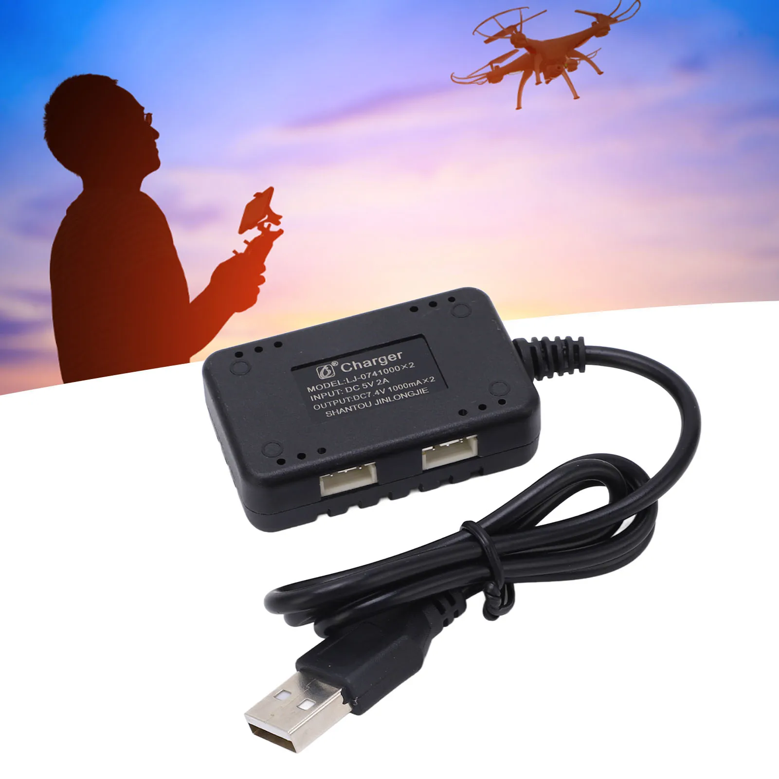 Chargeur d'équilibre de batterie LiPo 2 en 1 7.4V, chargeur USB noir Portable en plastique avec voyant lumineux pour voitures et bateaux Wltoys RC