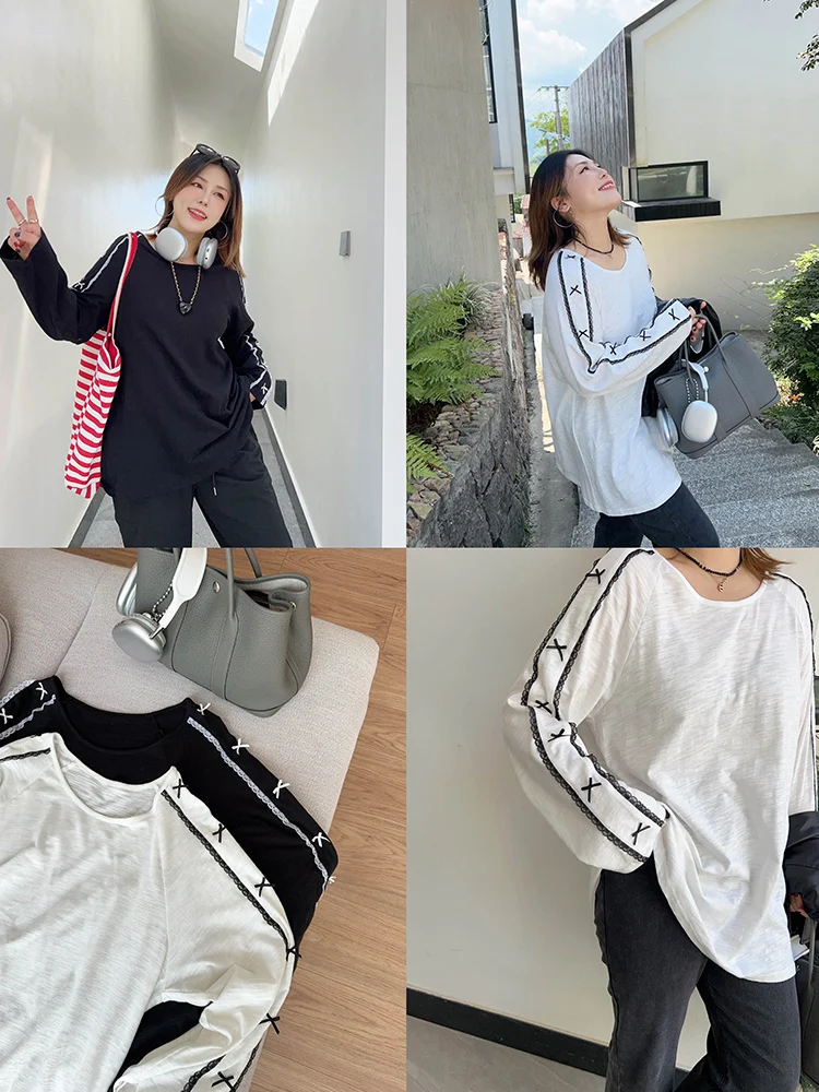 

Vogana Original Large Size T-irt with Bow Knot Long Sve Loose Slimming College Sle Korean Faion Cotton Summer Top