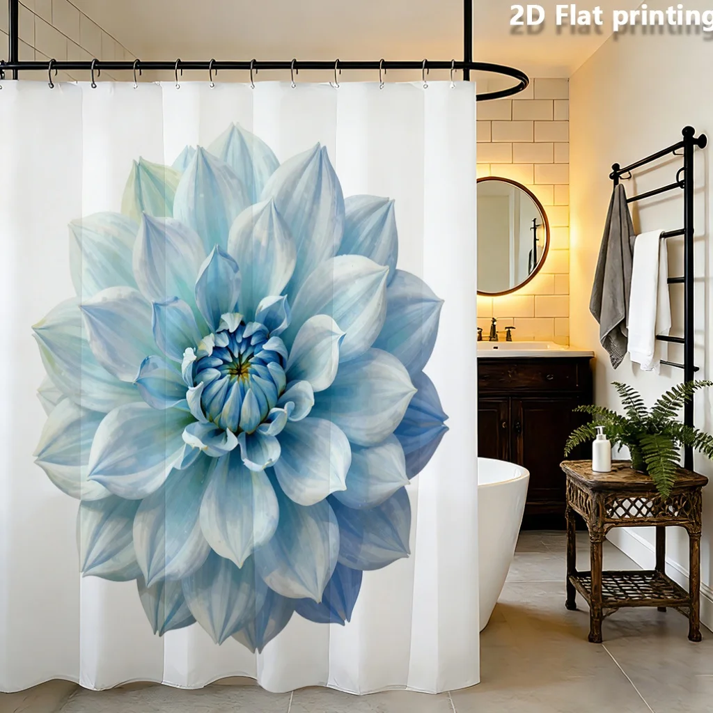Blue Dahlia Flower Shower Curtain – Watercolor-Style Floral Print on White, Polyester, 12 Hooks, Water-Resistant, 72×72
