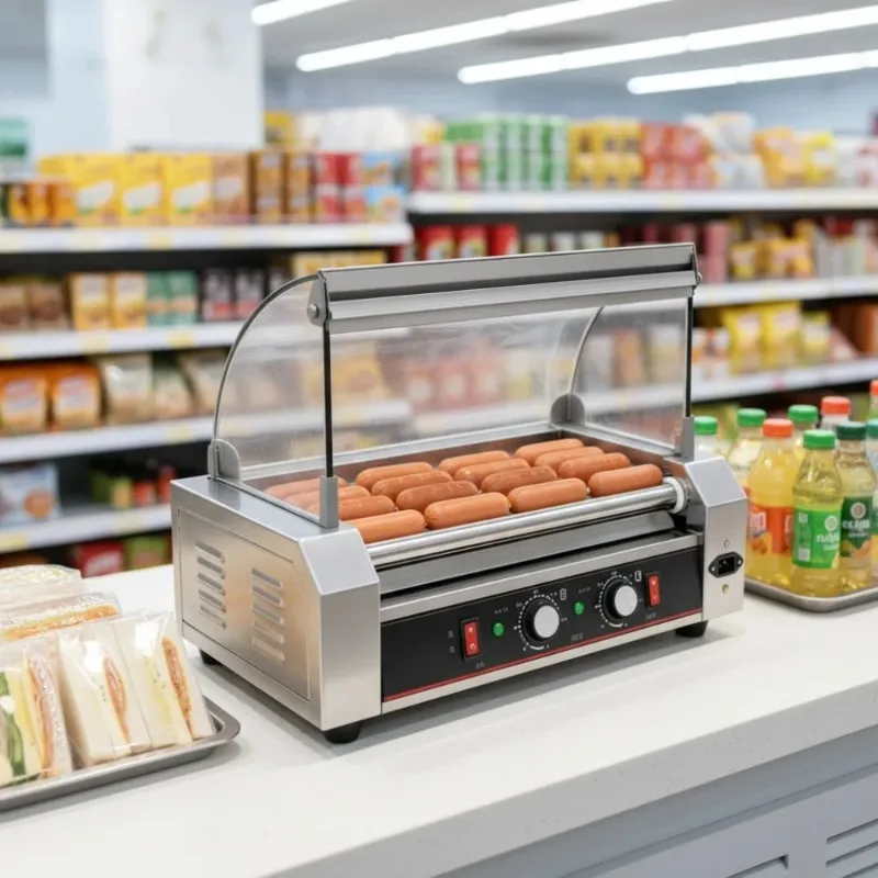 Commercial Stainless Steel Hot Dog Roller Grill Machine Dual Temperature Control Electric Sausage Grilling Cooker for Snack Bar