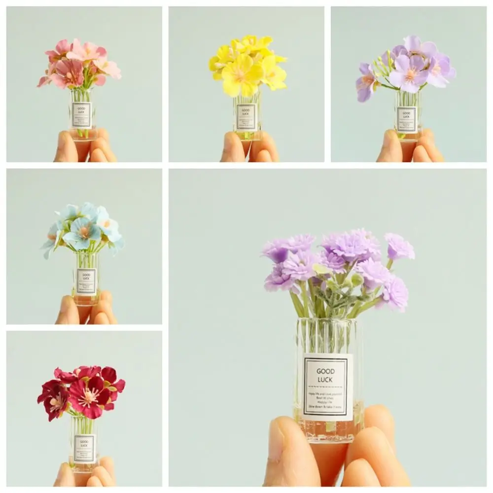 Colorful Baby's Breath Dollhouse Miniature Flower Green Plant Toy Decor Mini Floral Arrangement Glass Vase Model Children