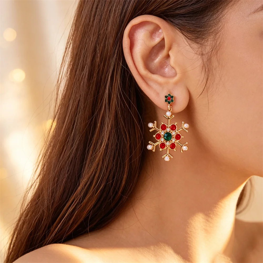 Fashion Christmas Snowflake Dangle Earrings For Women Crystal Zircon Pearl Dangle Piercing Ear Jewelry New Year Party Gifts