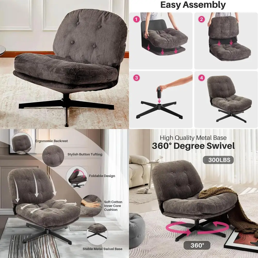 corduroy swivel lounge chair - armless, wide, upholstered, comfortable accent chair for living room
