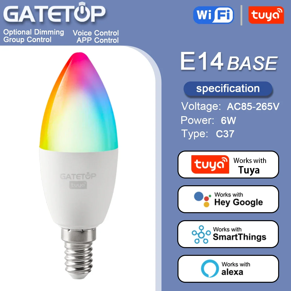 

Tuya Rgb Bulb 6W Smart C37 E14 Light Dimmable Wifi Led Magic Lamp AC 110V 85V-265V Work With Alexa Google Home