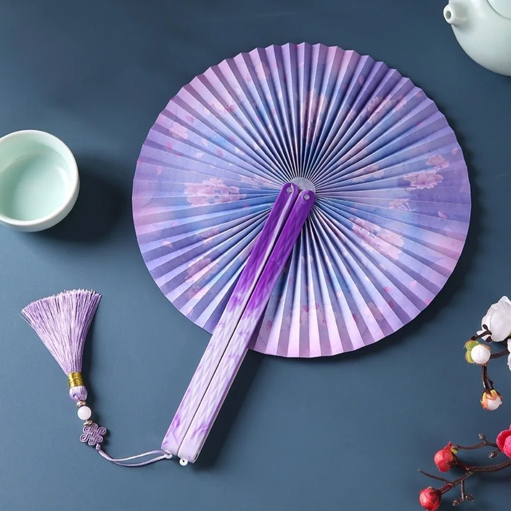 Magnetic Plastic Handle Round Folding Hand Fan with Tassel Shell-Shaped Chinese-Style Shell Fan Paper Ancient Chic Cultural