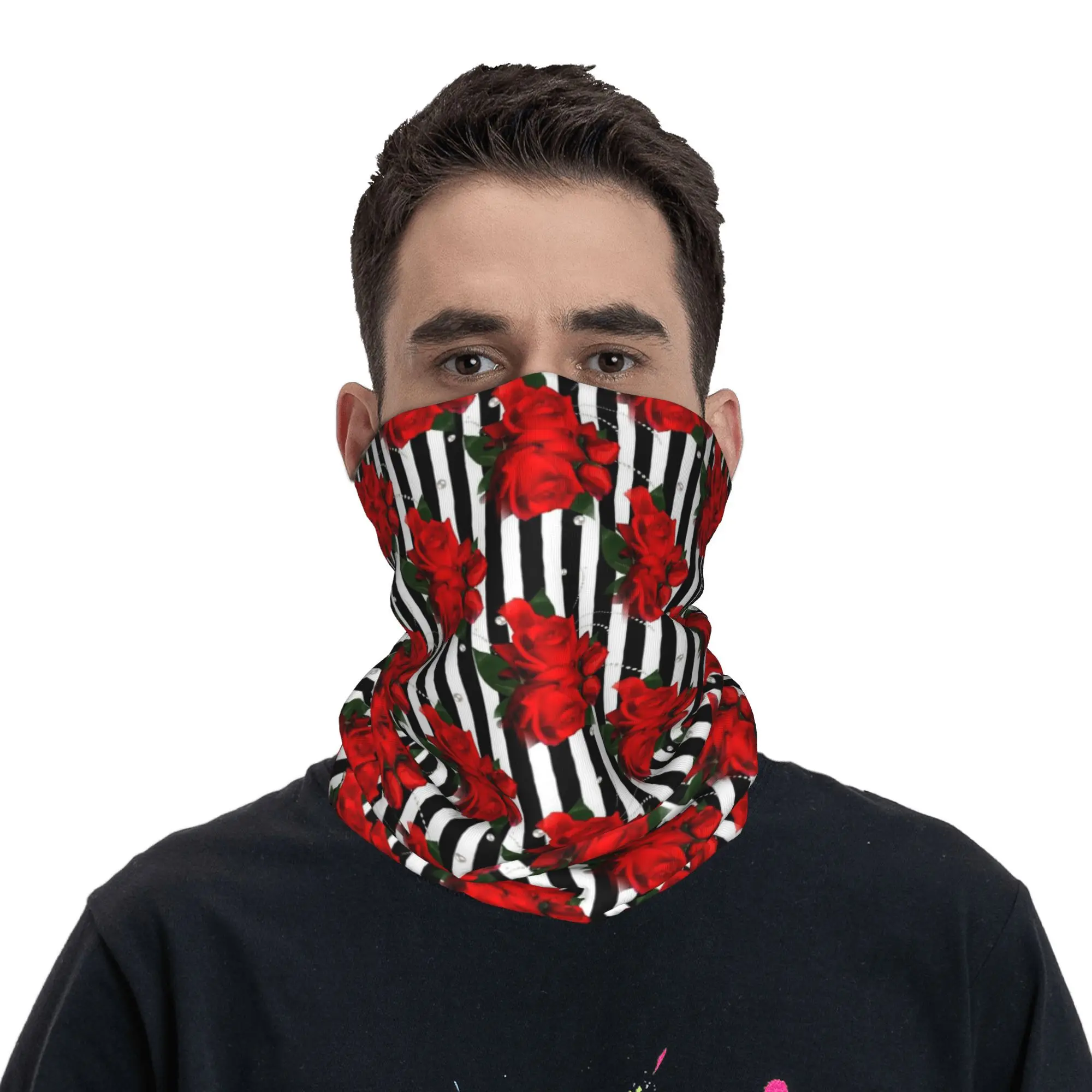 

Red Roses on black and white stripe Bandana Neck Gaiter Printed Wrap Mask Scarf Multi-use Balaclava Cycling Unisex Adult