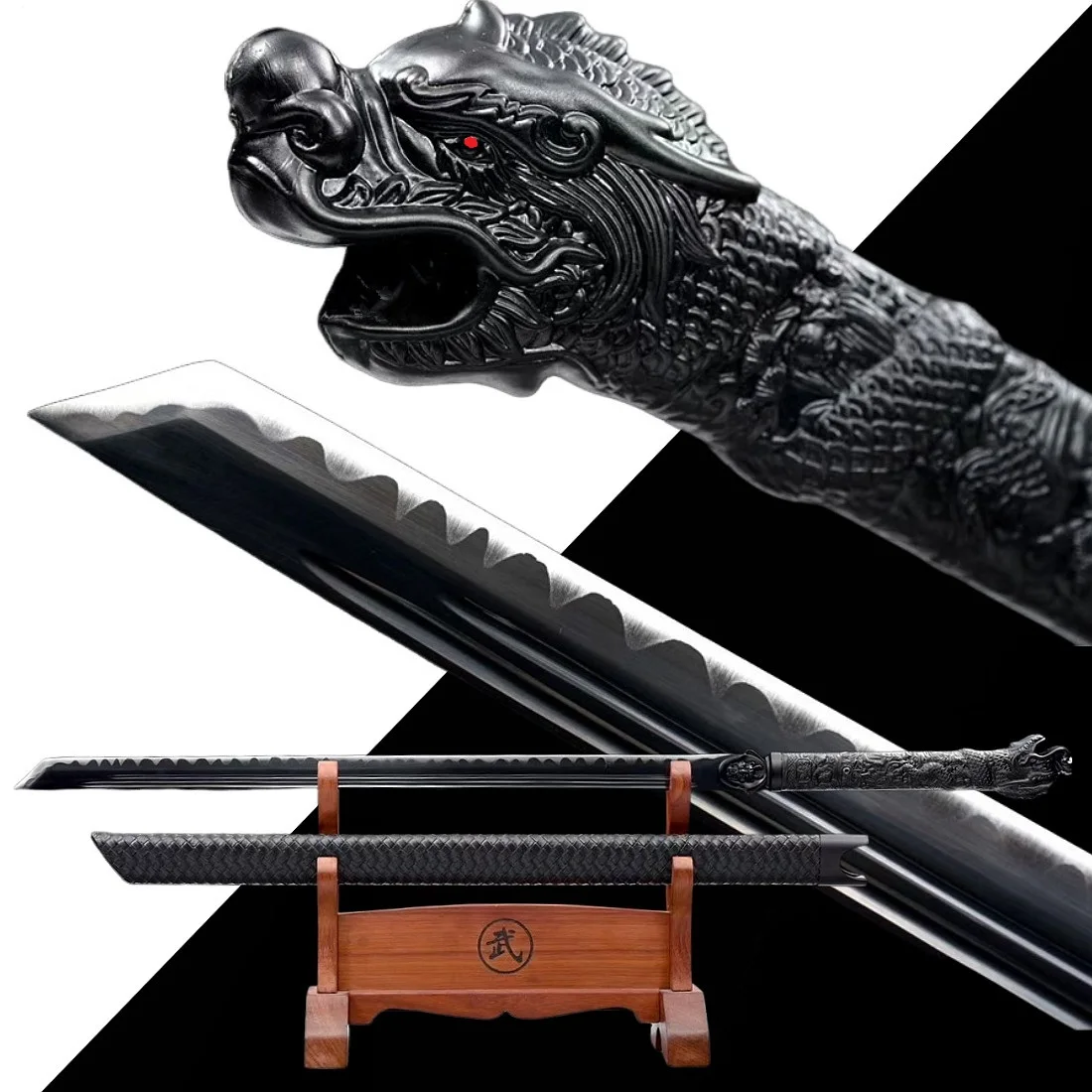 Dragon Handle KungFu Broad Knife Chinese Saber Jian Black High Carbon Steel Blade Battle Ready WuShu Tang Dao Functional Sword