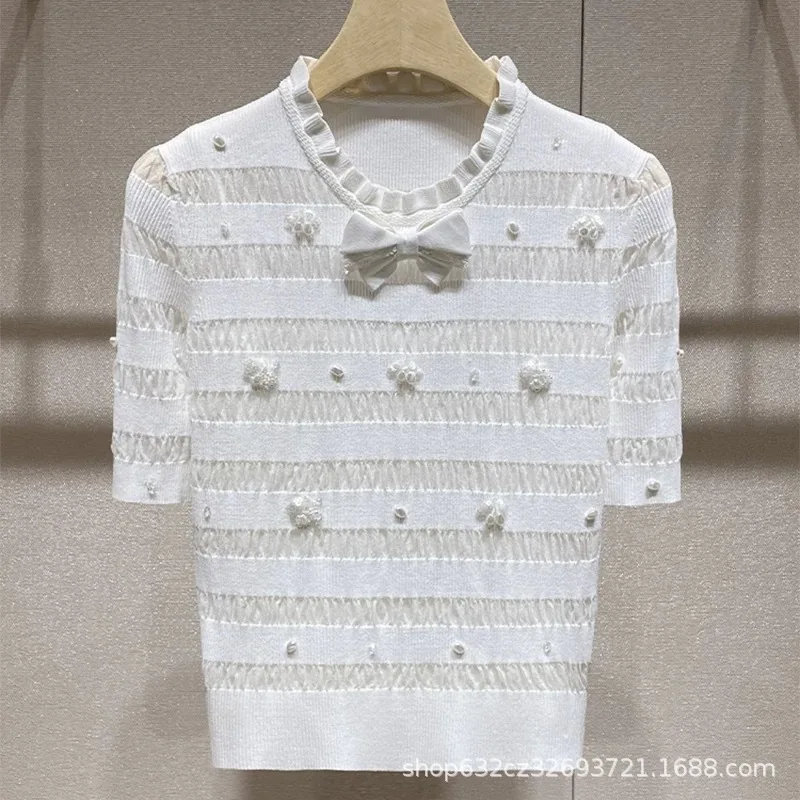 2025 Summer New White Bead bow Knitted Short-sleeve Tshirt Top Fashion Casual Versatile Women's High-end Elastic KnitwearT-shirt