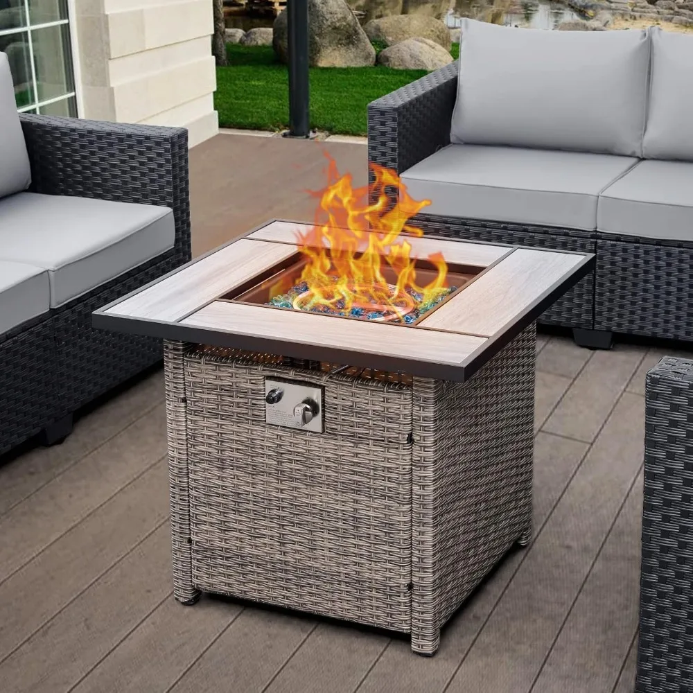 50000 BTU Brown Wicker Gas Fire Pit , 30 Inch ,Woodgrain Marble Tabletop Cover and Blue Crystal Beads.