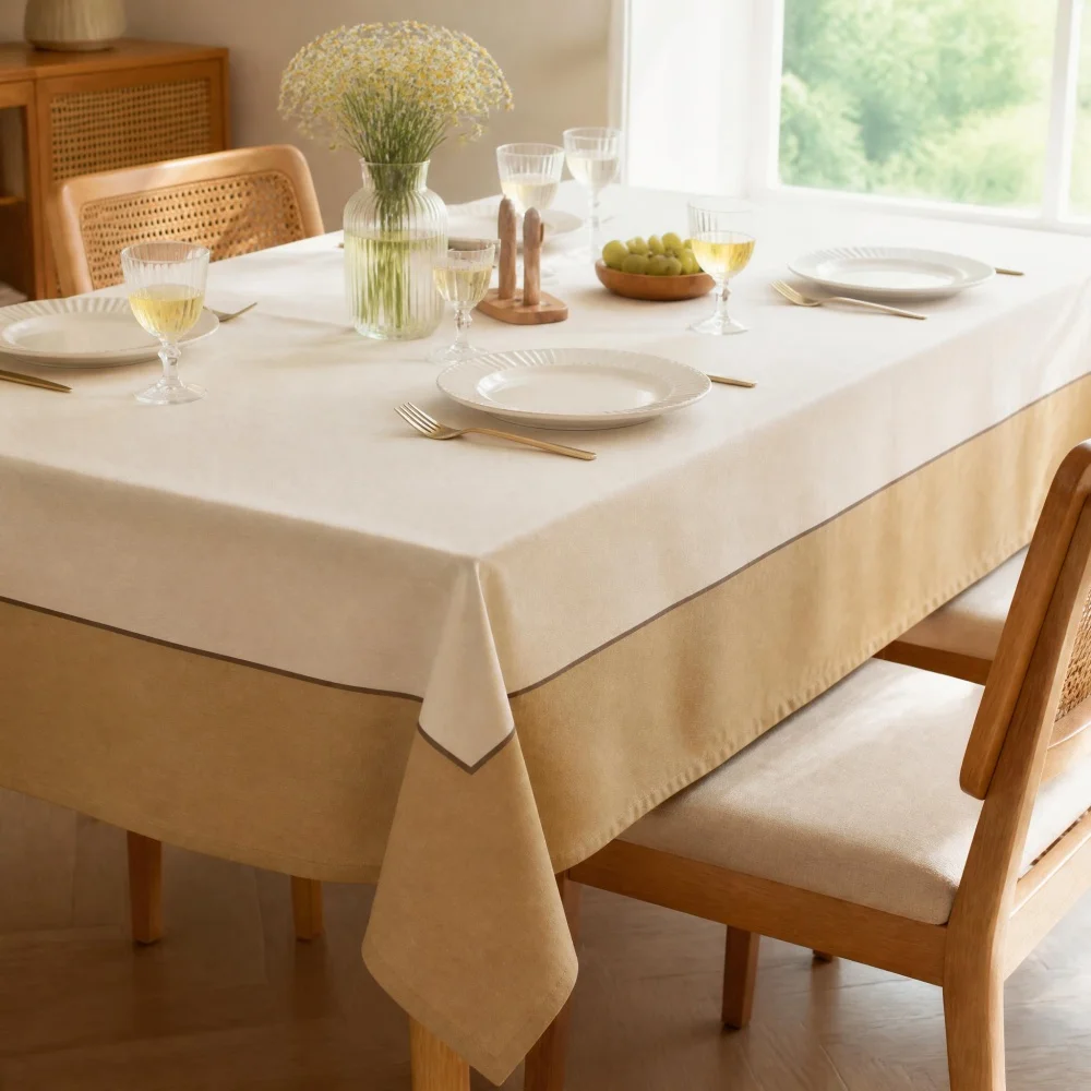 Two Tone White Khaki Spliced Edge Tablecloth Non Waterproof Fabric Rectangular Tablecloth for Dining Daily Home Decoration