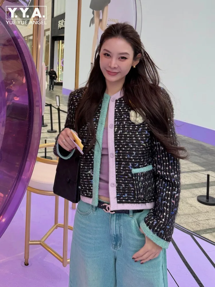 Fashion Autumn Colors Panelled Tweed Jacket O Neck Single Breasted Twill Coat Short Style High Quality Office Lady Work Jacket